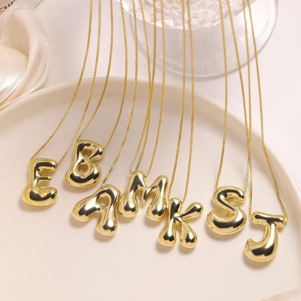 Golden Initial Necklace | Chunky Bubble Letter Pendant for Women