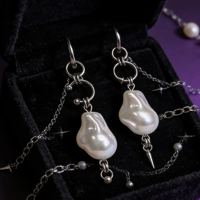 Korean Fashion Irregular Pearl Rivet Earrings | Punk Charm Aesthetic Geometric Earrings