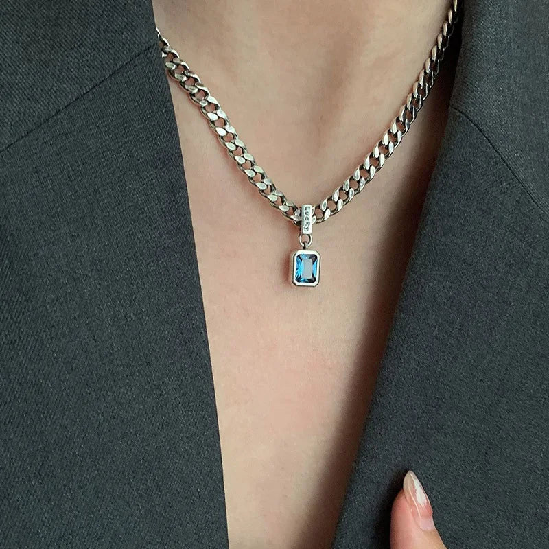 925 Sterling Silver Vintage Cuba Neck Chain Square Zircon Pendant | Women's Fine Jewelry