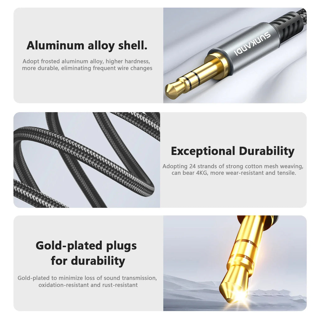 SUNKANDI 3.5mm Aux Cord | Male to Male Stereo Audio Cable for Car, Speaker, Headphones