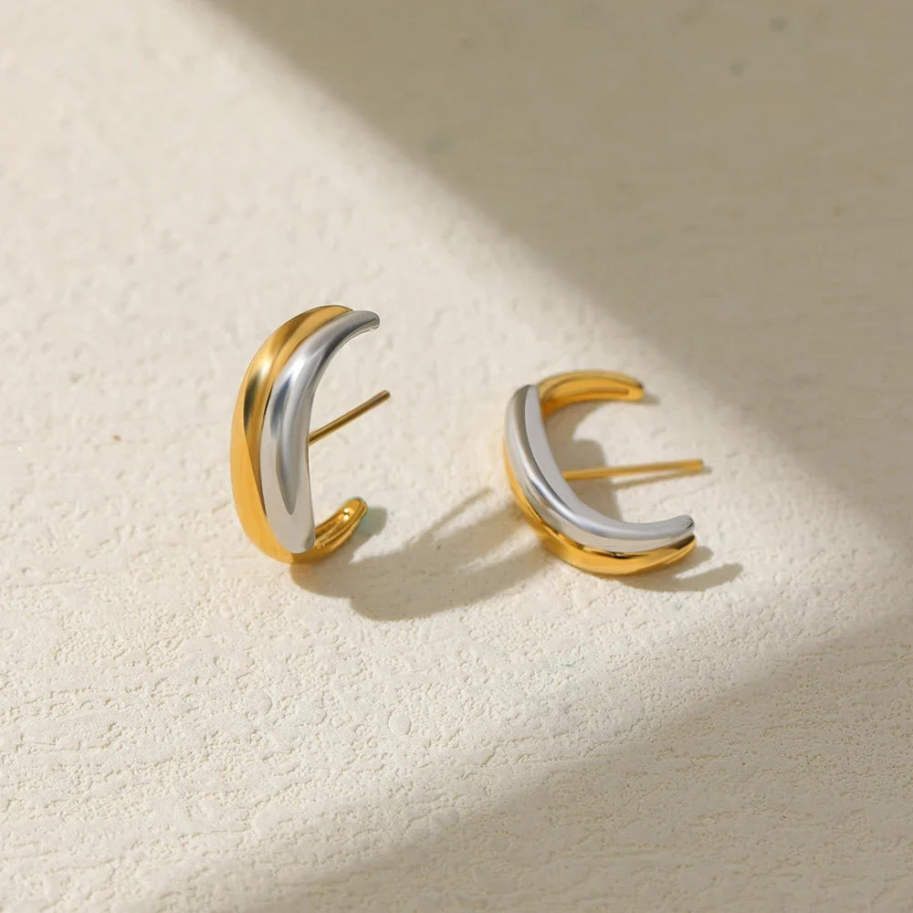 Gold Silver Irregular C-Shape Stud Earrings | Stainless Steel Bicolor Geometric Jewelry