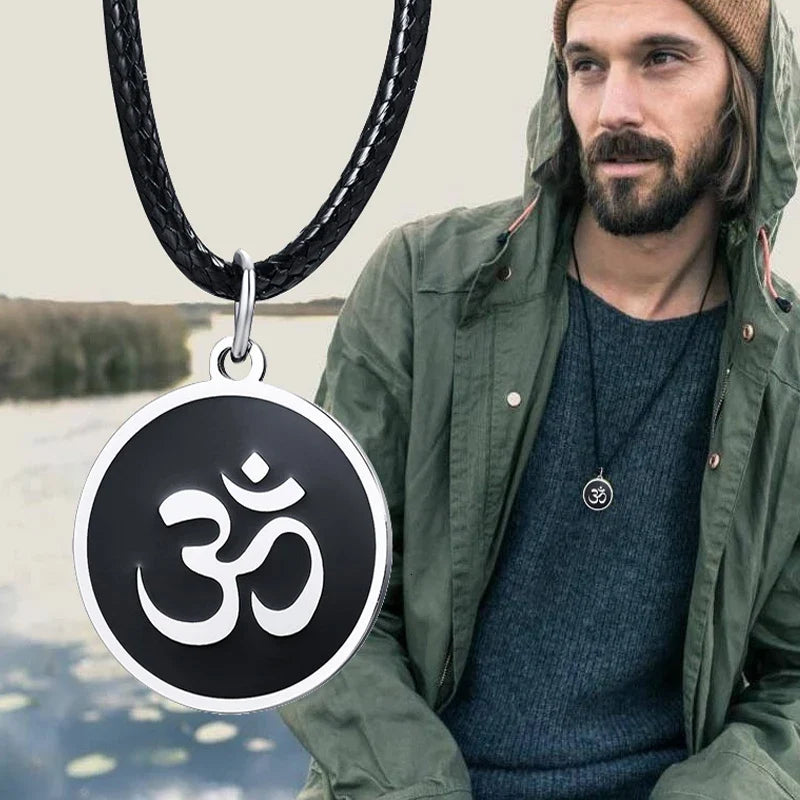 Men's OM Necklace | Round Ohm Pendant Adjustable Yoga Spiritual Jewelry