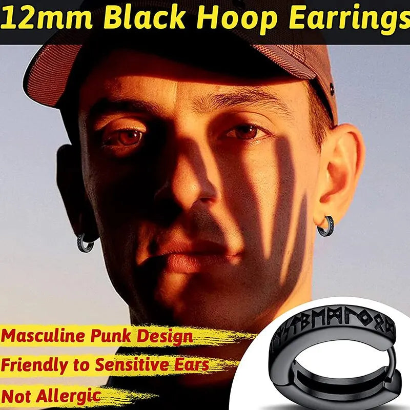 1Pair 12mm Norwegian Viking Rune Hoop Earrings | 316L Stainless Steel Huggie Hoop Earrings for Men and Women