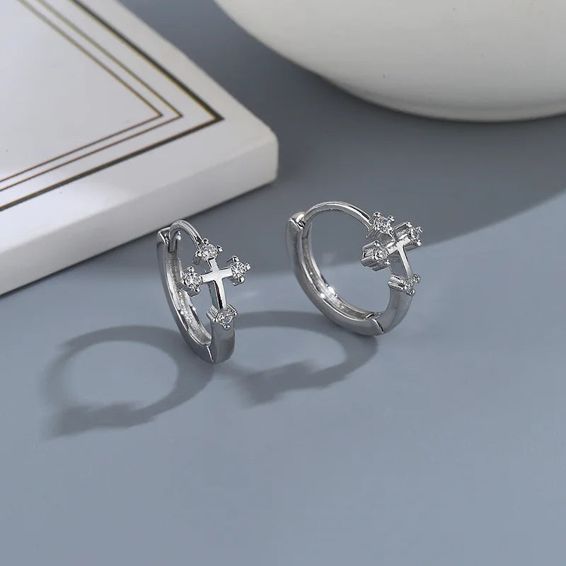 Silver Cross Hoop Earrings for Men and Women | Unisex CZ Crystal Punk Earrings