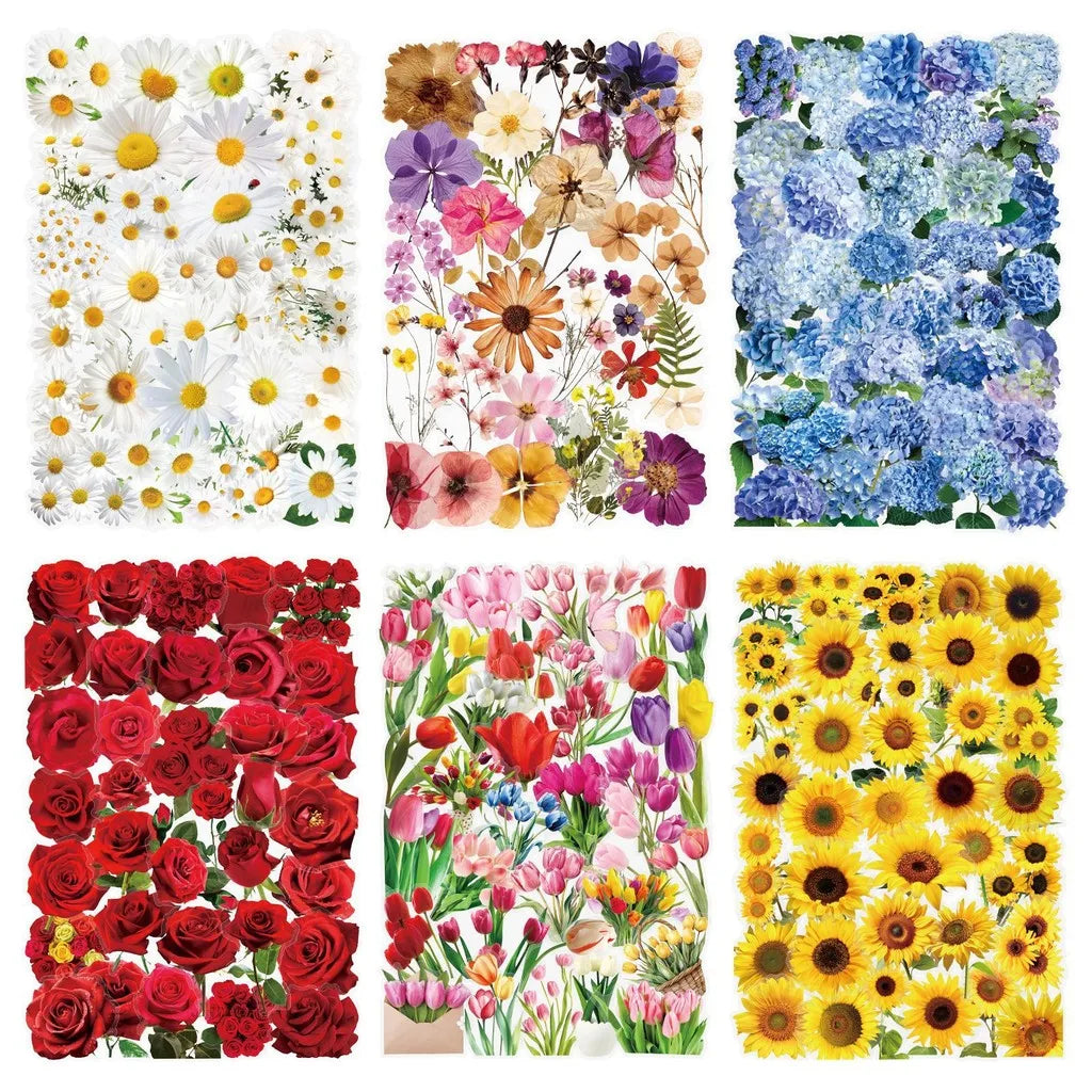 50 Transparent Flower Stickers | PET Decorative Craft Set for Journals and Notebooks