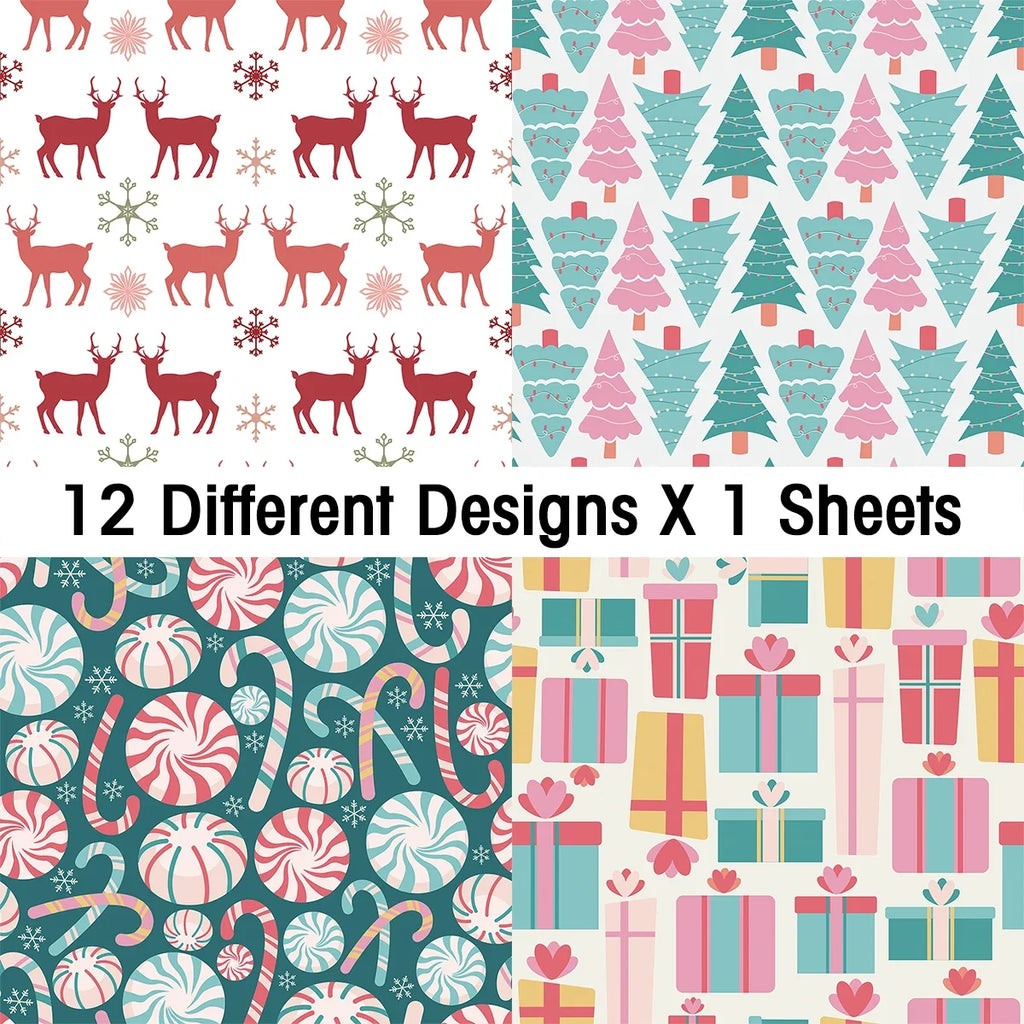 12pcs Retro Christmas Scrapbook Paper | Christmas Tree Design Single Sided DIY Craft Paper for Journal Card Making Gift Decoration