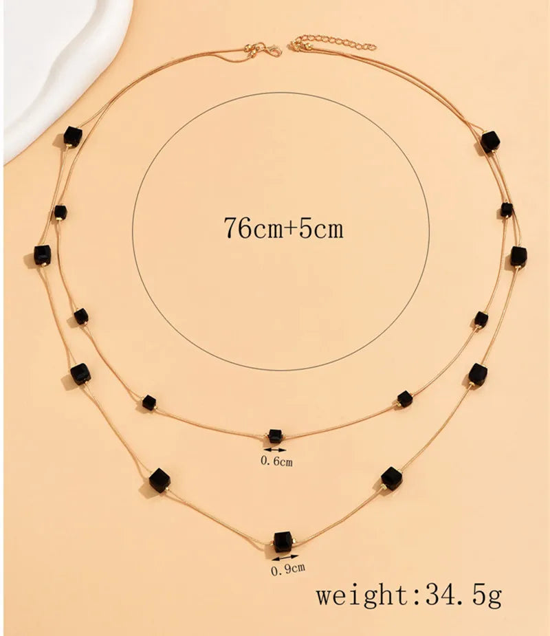 Gold Square Bead Sweater Chain Necklace | Double Layer Glass Pendant Jewelry for Women