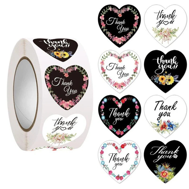 Heart Thank You Stickers | Floral Decorative Sealing Stickers for Wedding Gift Packaging and Small Business Supplies