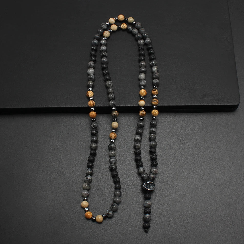 6mm Natural Map Stone Beaded Necklace | Black Shimmerstone Hematite for Unisex