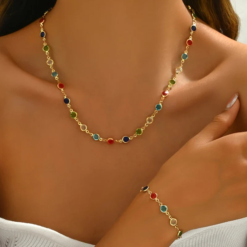 Personalized Color Inlaid Zirconia Jewelry Set | Trendy Necklace and Bracelet for Women