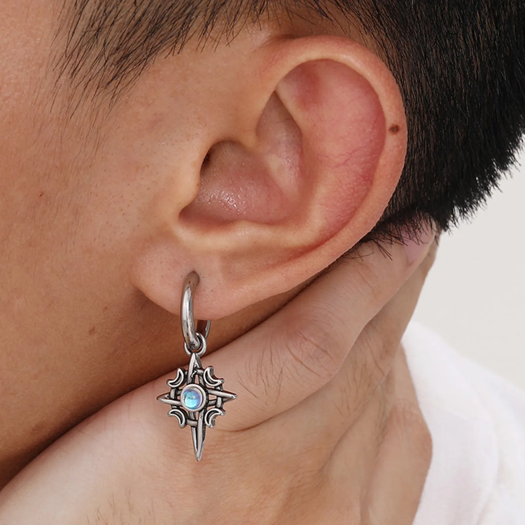 Stainless Steel Star and Moon Stone Earrings | Unisex Hoop Earrings Gift