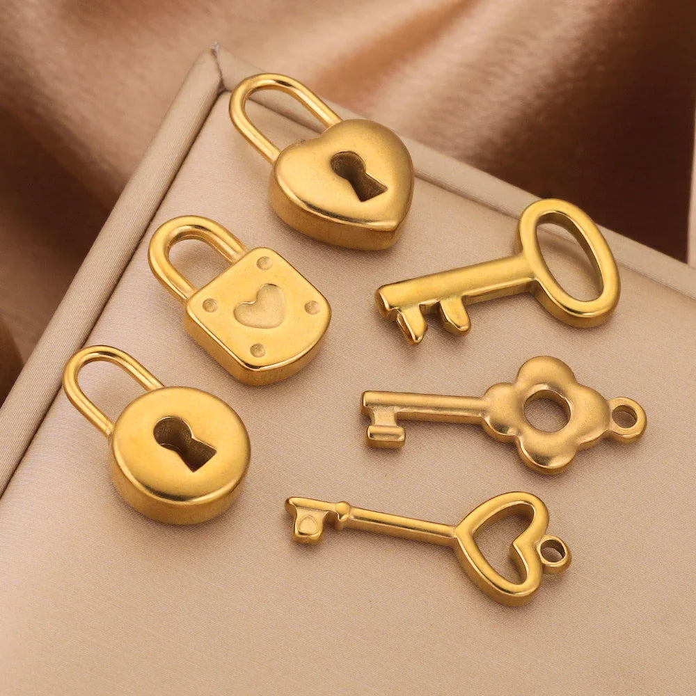 Gold Plated Heart Lock Key Pendant Set | 5pcs Stainless Steel Charms for DIY Jewelry