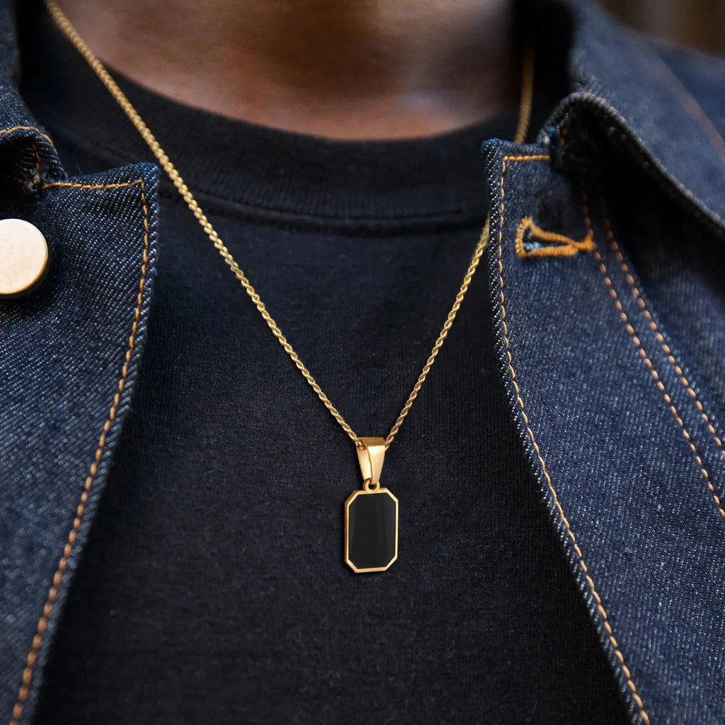 Men's Geometric Square Necklace | Black Enamel Rectangle Pendant with Rope Chain