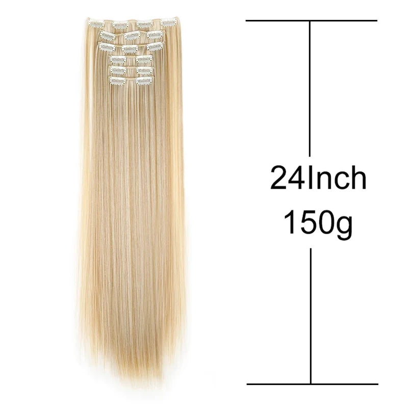 Synthetic 24 Inch Clip In Hair Extensions | Long Straight Blonde Black Heat Resistant Daily Use