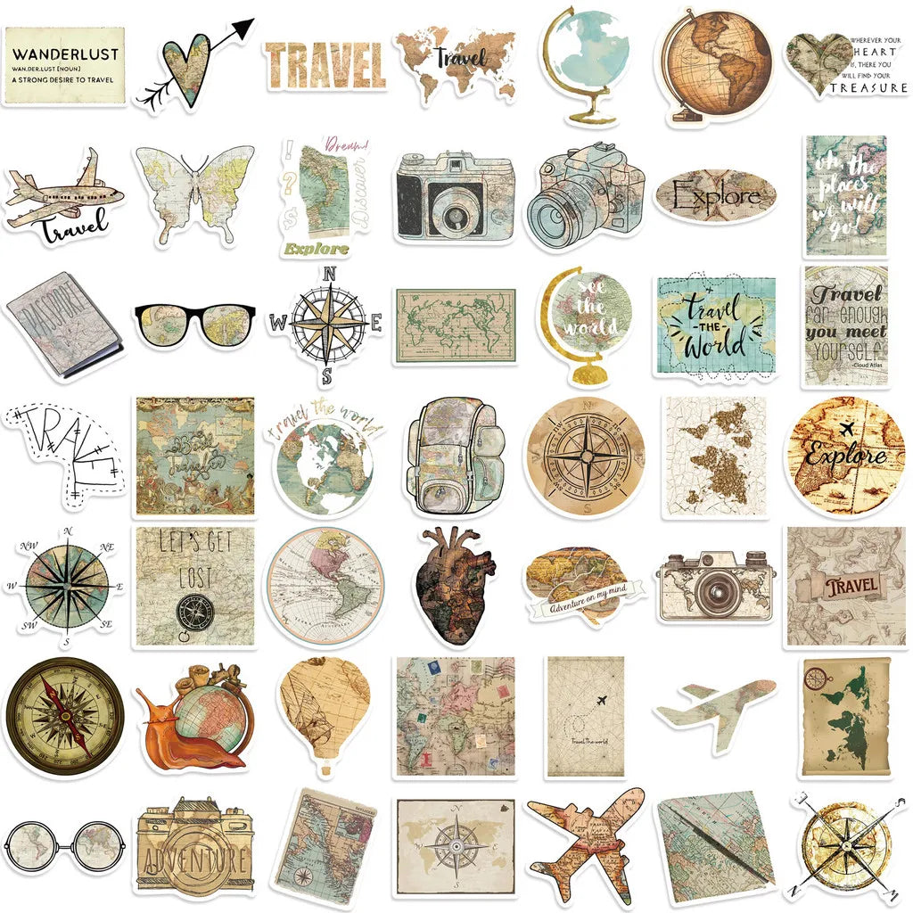 50 Pcs Travel Clock Map Graffiti Stickers | Waterproof Decals for Bike Laptop Pencil Case