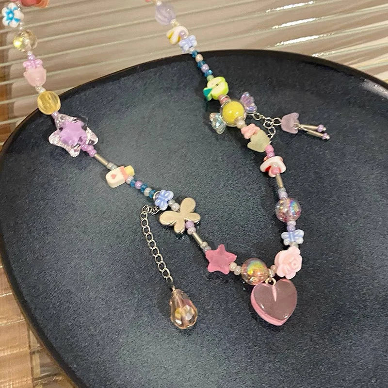 Colorful Candy Beaded Choker Necklace | Y2K Sweet Cute Short Clavicle Chain