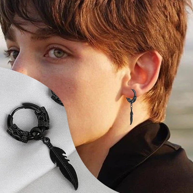 2Pcs Stainless Steel Feather Leaf Coil Earrings Set | Unisex Punk Hoop and Stud Jewelry