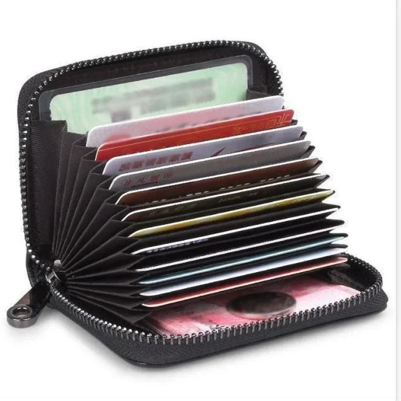 Business Card Holder Wallet | PU Leather Credit Card Case with Zipper Closure