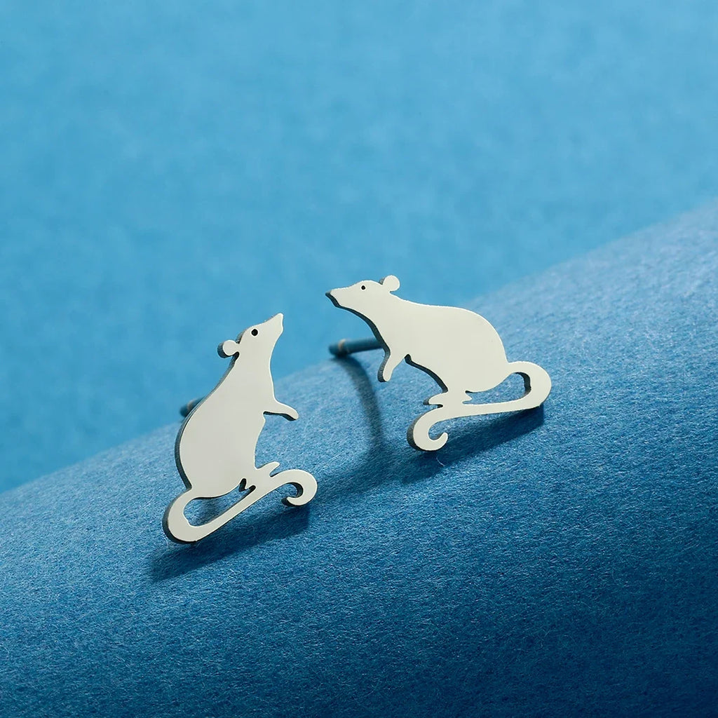Adorable Rat Stud Earrings | Cute Stainless Steel Rodent Jewelry for Women and Men