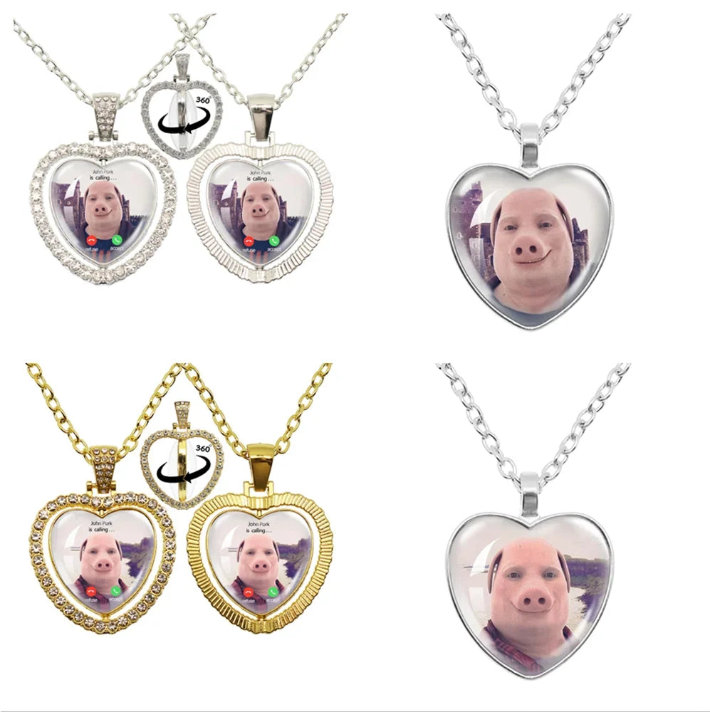 John Pork Is Calling Answer Phone Humor Funny Pig Lover Heart Pendant Necklace | Funny Gift Jewelry