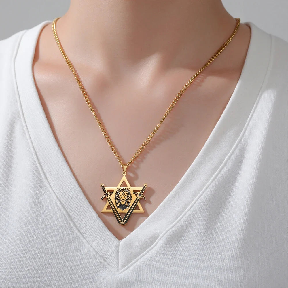 Dawapara Victory Swords Lion of Judah and Star of David Necklace | Judaica Protection Amulet Stainless Steel Jewelry
