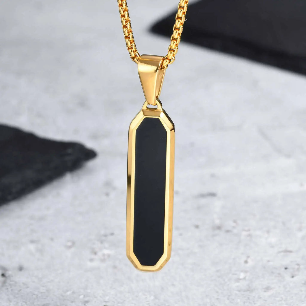 Men's Geometric Square Necklace | Black Enamel Rectangle Pendant with Rope Chain