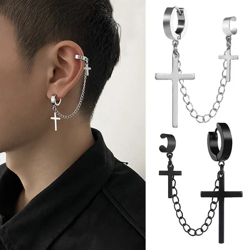 Punk Cross Tassel Earrings | Gothic Hip Hop Chain Stud Earrings