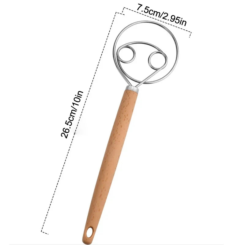 10 Inch Wood Handle Danish Dough Whisk | Stainless Steel Hand Blender for Bread and Batter