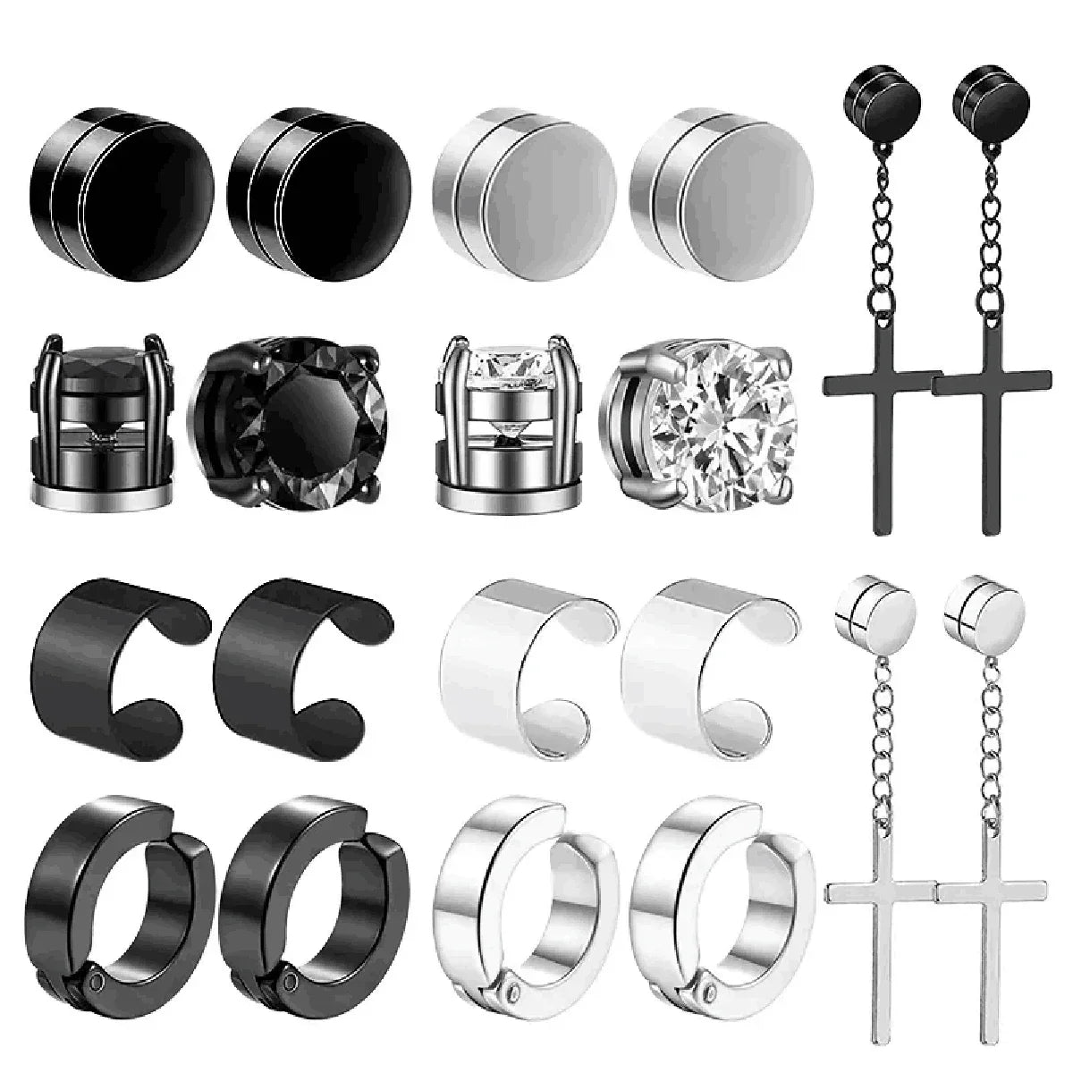 Mens Fashionable Clip On Earrings Set | Non Piercing Magnet Zircon Stainless Steel