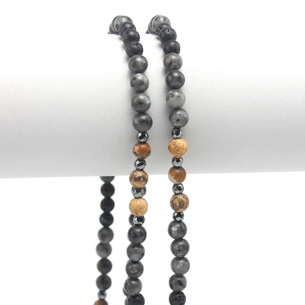 6mm Natural Map Stone Beaded Necklace | Black Shimmerstone Hematite for Unisex
