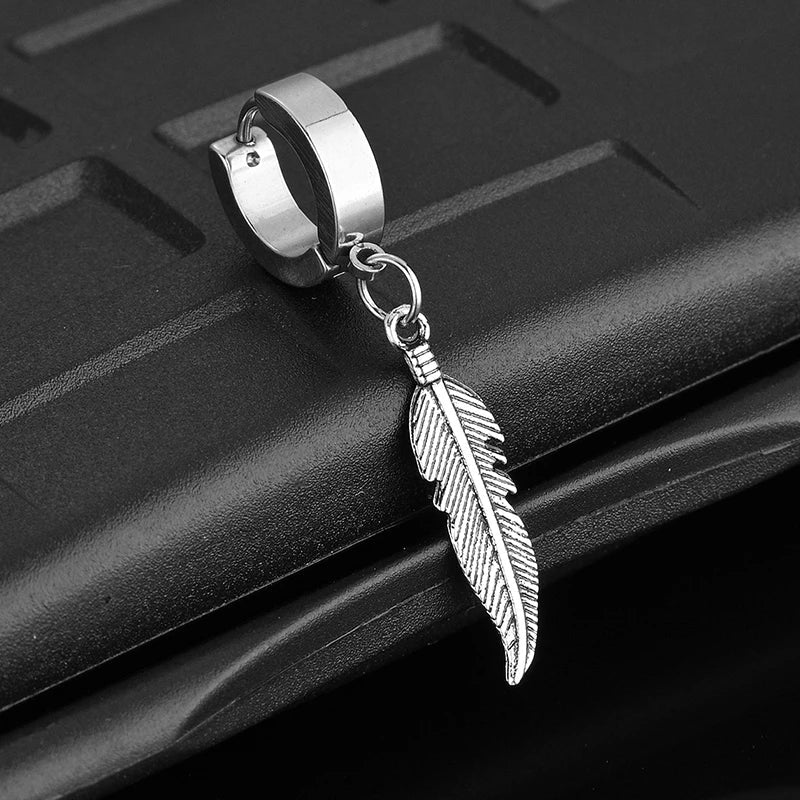 Cross Feather Stud Earrings | Stainless Steel Punk Rock Jewelry for Women and Men