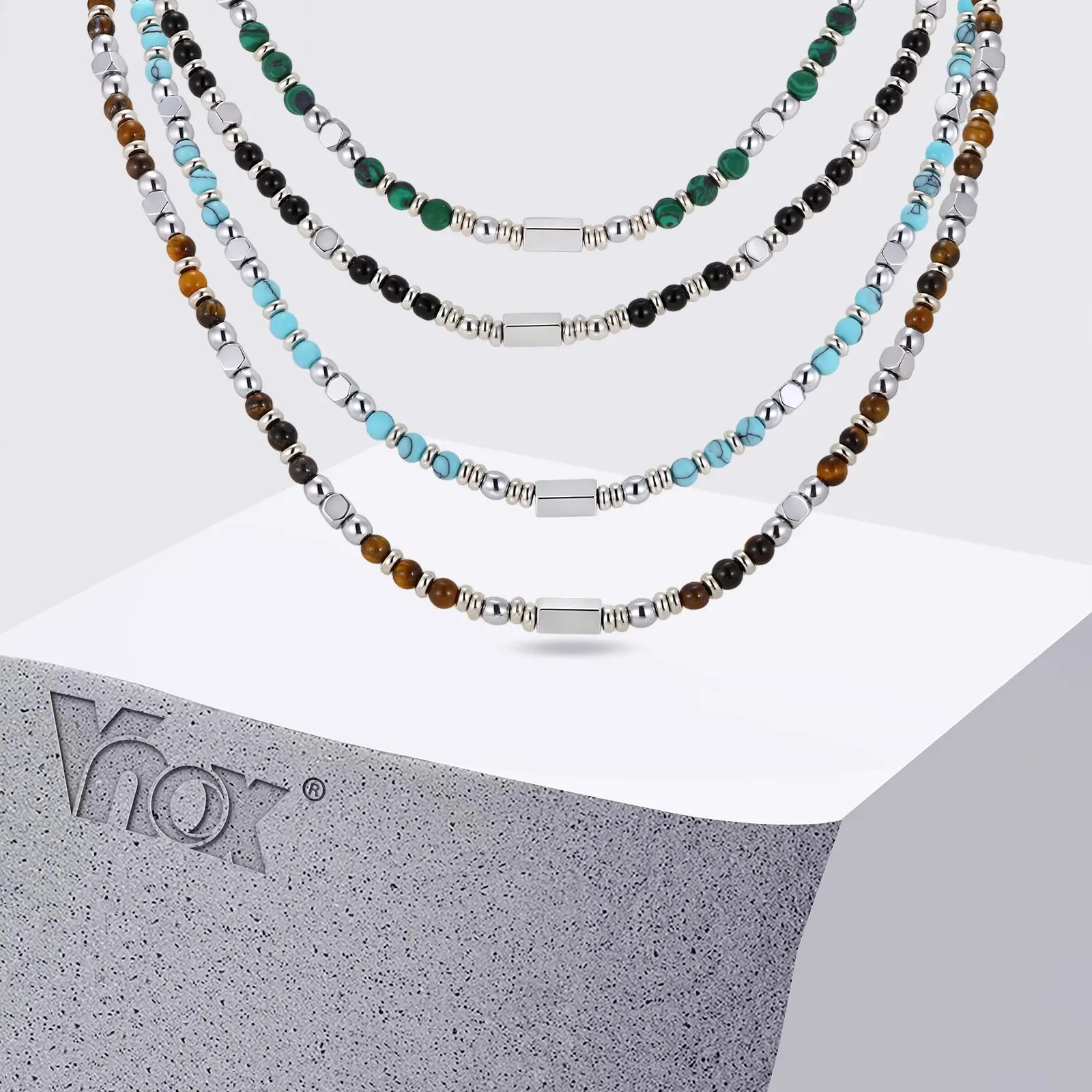 Vnox Stainless Steel Natural Stone Beaded Necklace | Trendy Adjustable Choker for Men Women