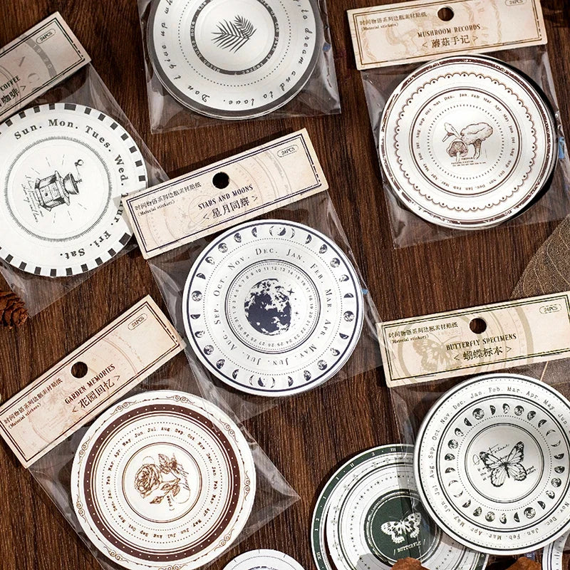 Vintage Round Stickers for Journaling | 24pcs Retro Collage Label Pack
