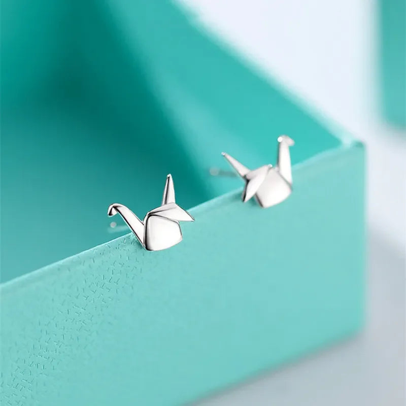 925 Sterling Silver Paper Crane Stud Earrings | Cute Mini Piercing Earrings for Women