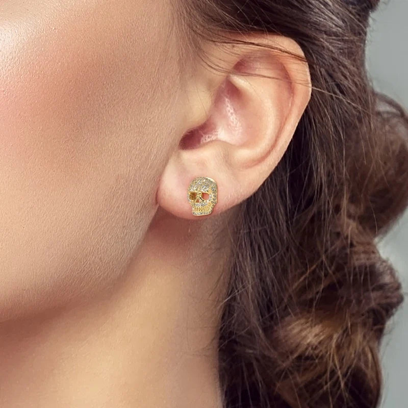 925 Sterling Silver Skull Stud Earrings | Shiny Gold Finish for Women