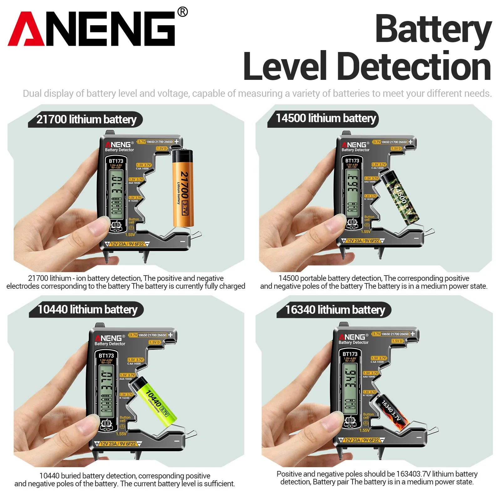 ANENG BT173 Universal Digital Battery Tester | 18650/AA/AAA/9V/12V Button Battery Level Display Tool