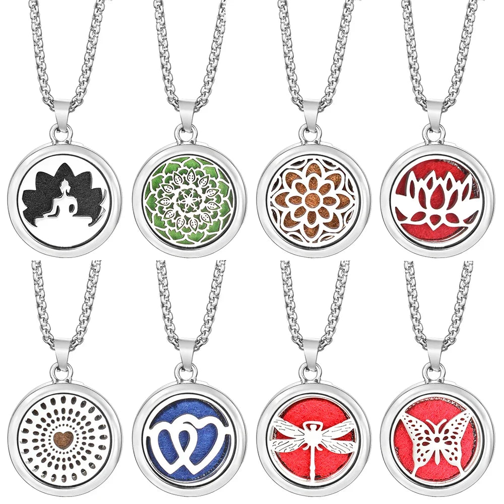 20mm Pattern Insert Perfume Pad Locket Necklace | Stainless Steel Aromatherapy Pendant