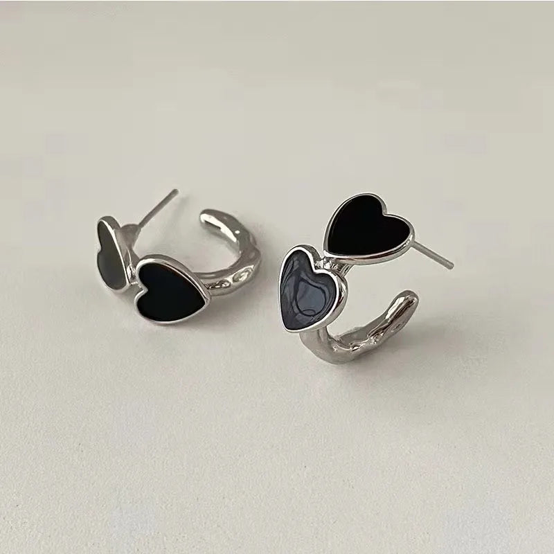 Vintage Goth Black Enamel Heart Stud Earrings | Dark Aesthetic Hollow Metal C-Shaped Jewelry