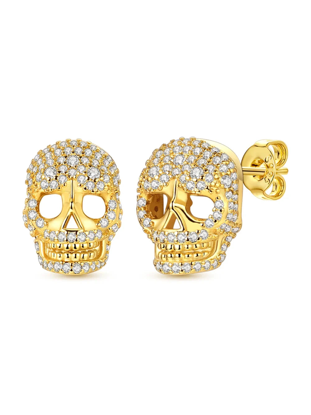 925 Sterling Silver Skull Stud Earrings | Shiny Gold Finish for Women