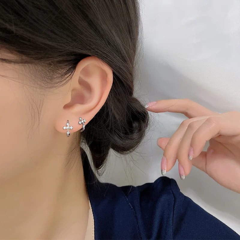 Silver Cross Hoop Earrings for Men and Women | Unisex CZ Crystal Punk Earrings