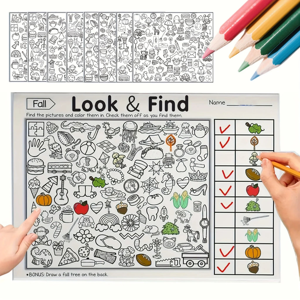 32 Pages Children's Hidden Object Coloring Book | Interactive Educational Matching Game