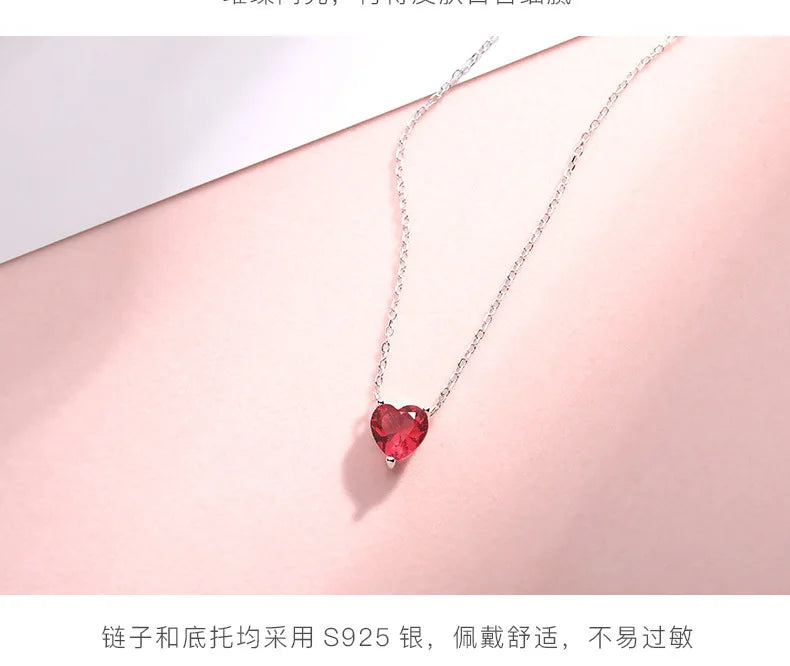 Silver Plated Red Zircon Heart Pendant Necklace | Women's Charm Jewelry