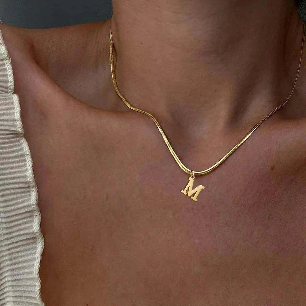 Gold Letter Initial Pendant Necklace | Stainless Steel Snake Chain Jewelry for Women