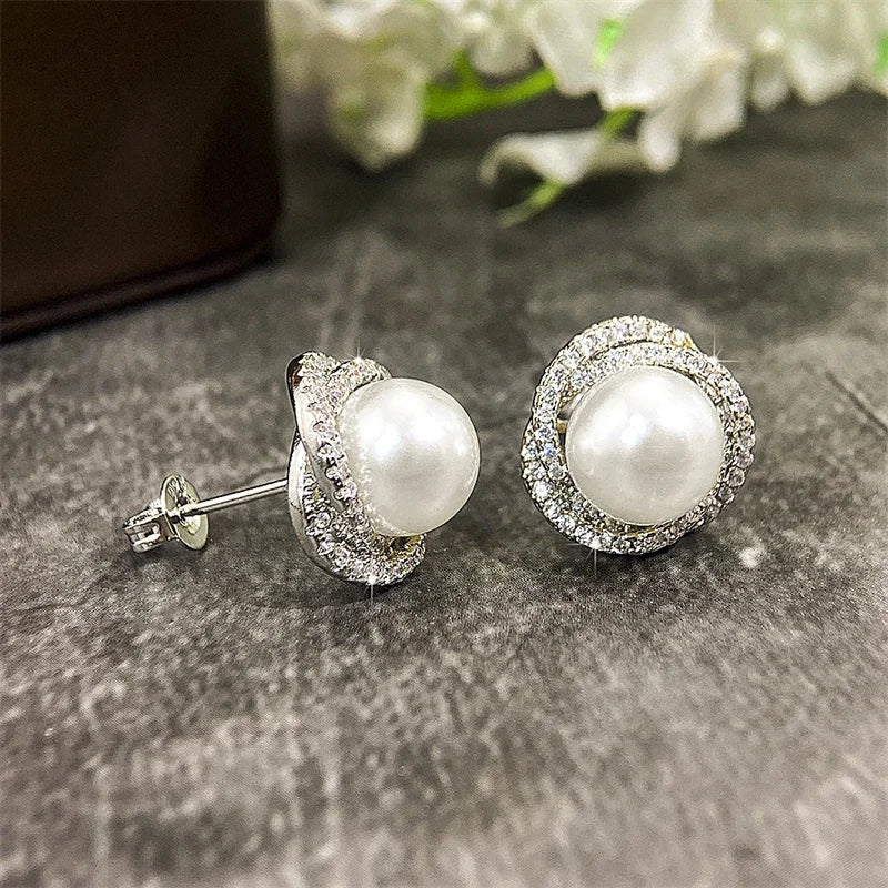 Huitan Sparkling Cubic Zirconia Imitation Pearl Stud Earrings | Silver Tone Fashion Jewelry for Women