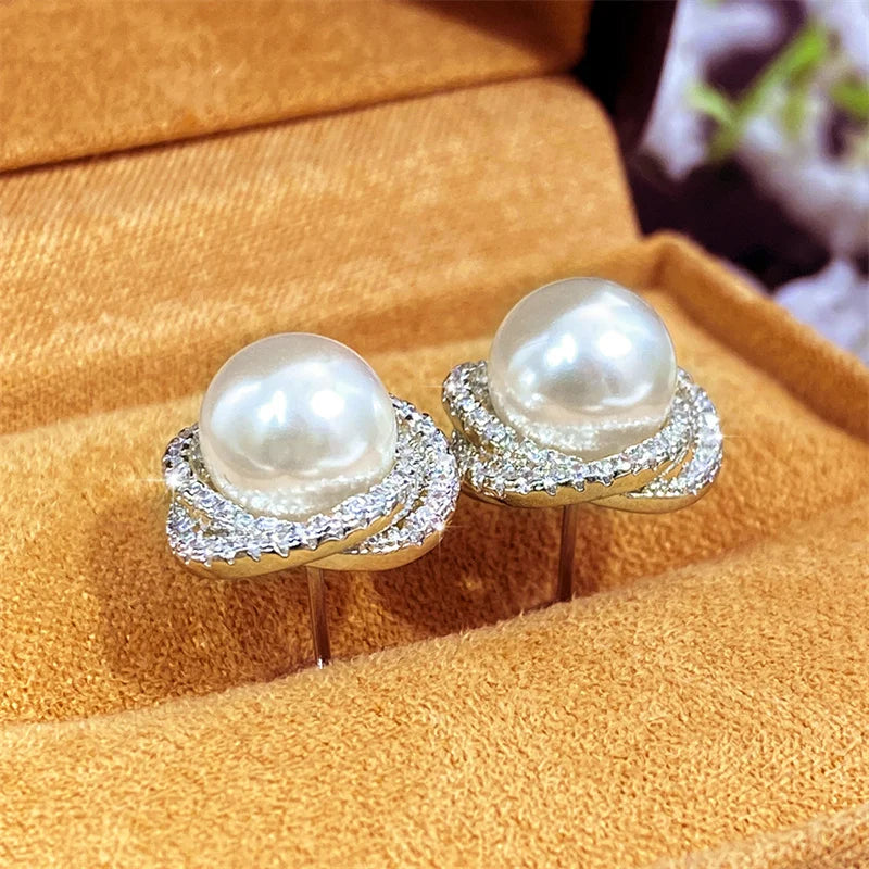 Huitan Sparkling Cubic Zirconia Imitation Pearl Stud Earrings | Silver Tone Fashion Jewelry for Women