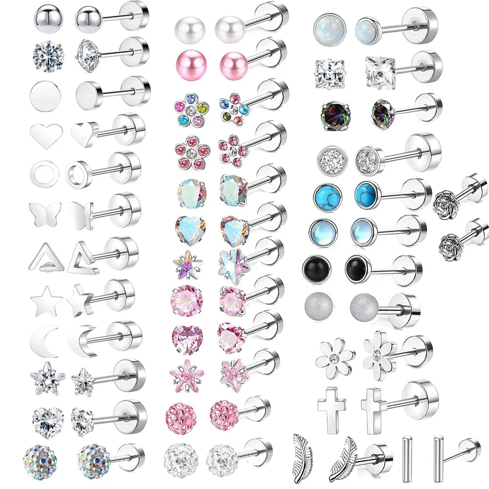 Stainless Steel Crystal Stud Earrings Set | Star Heart Butterfly Cartilage Tragus Helix Piercing Jewelry