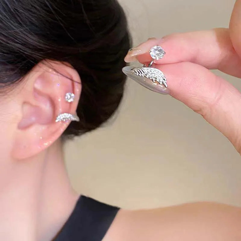 Silver Wing Stud Earrings | Crystal Rhinestone Pierced Earrings for Women