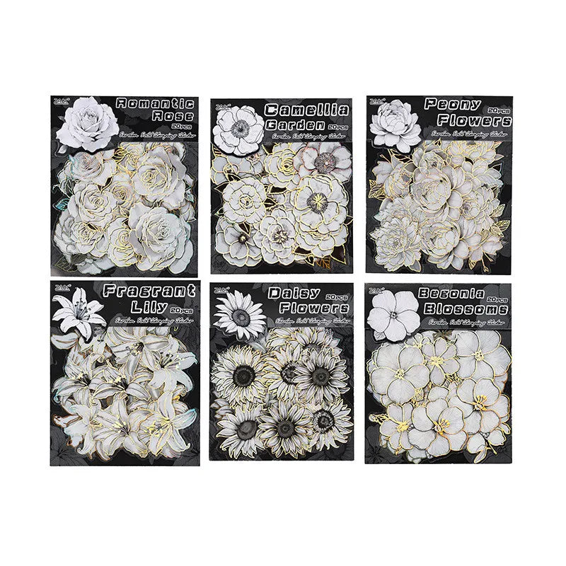 20pcs Flowers Gold Foil Stickers Set | PET Stickers Pack for Scrapbooking, Junk Journals, and Collage Album Decoration
