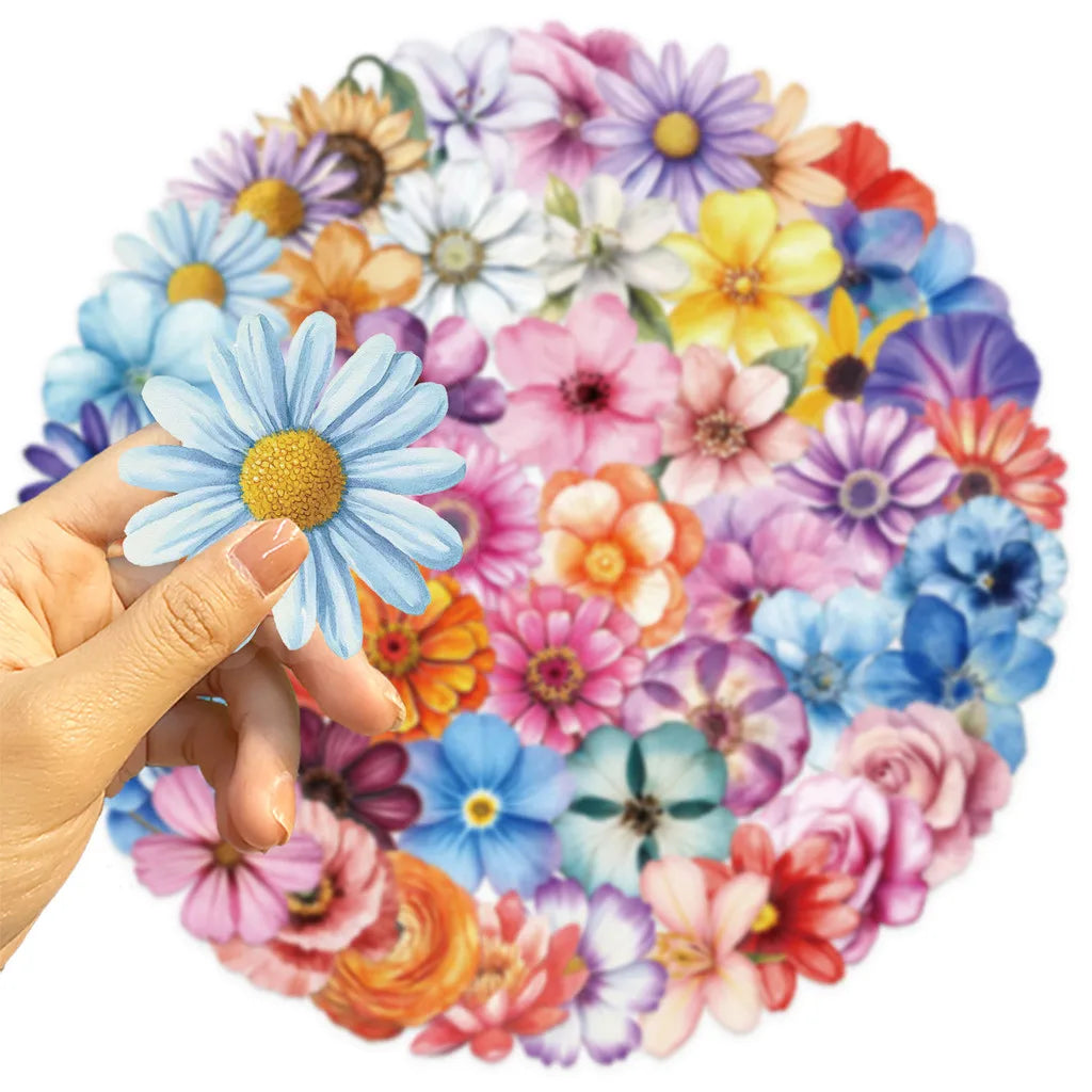 50Pcs Transparent Cartoon Floral Stickers | Waterproof PET Decor for Journals, Guitars, and Notebooks