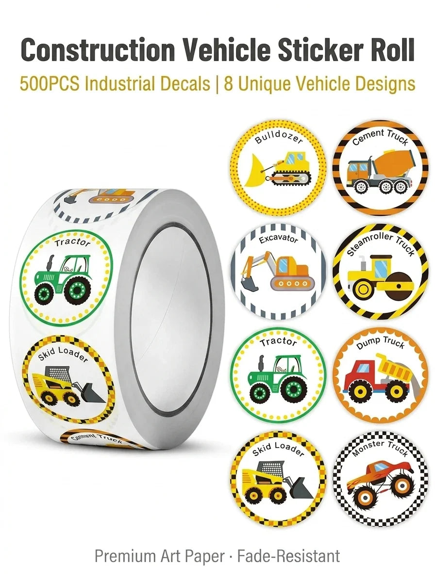 1 Roll (500 Stickers) Cartoon Engineering Vehicle Sticker Set | Teacher Reward Labels